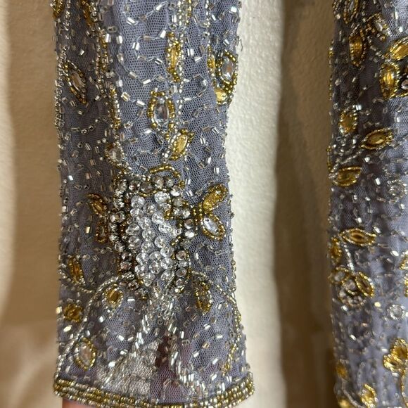 Mac Duggal 5308 Elegant platinum long-sleeved evening gown adorned beading 14 - Picture 7 of 14